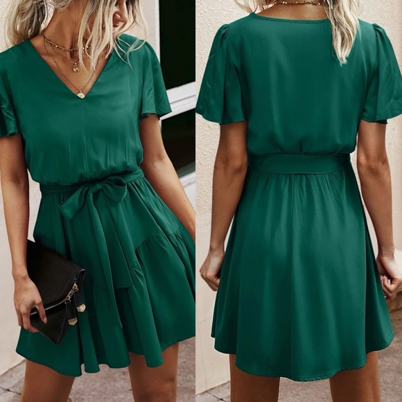 Short sleeve v neck belted flowy boho dress burnt orange - Picture 7 of 8